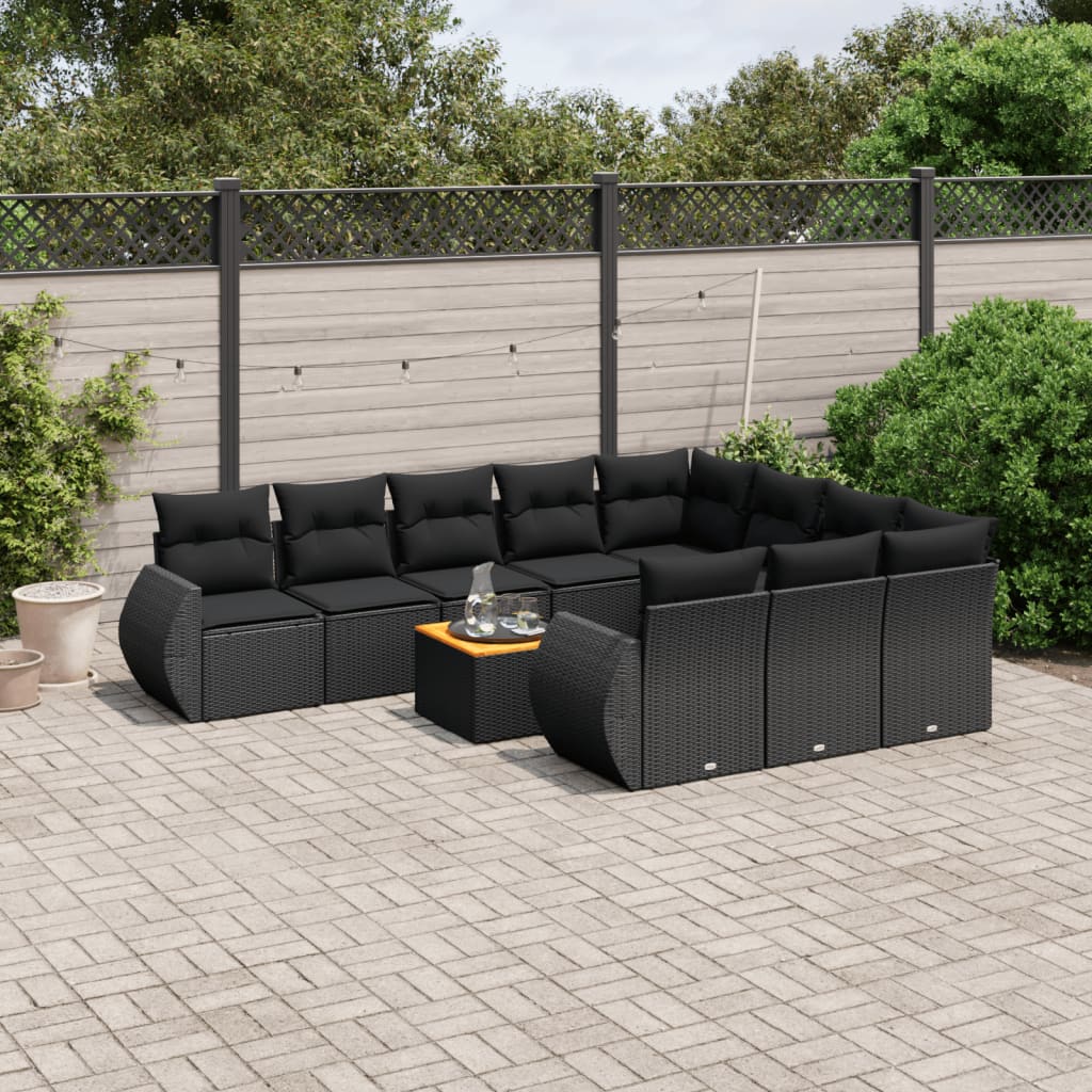 11 Piece Garden Sofa Set with Cushions Black Poly Rattan