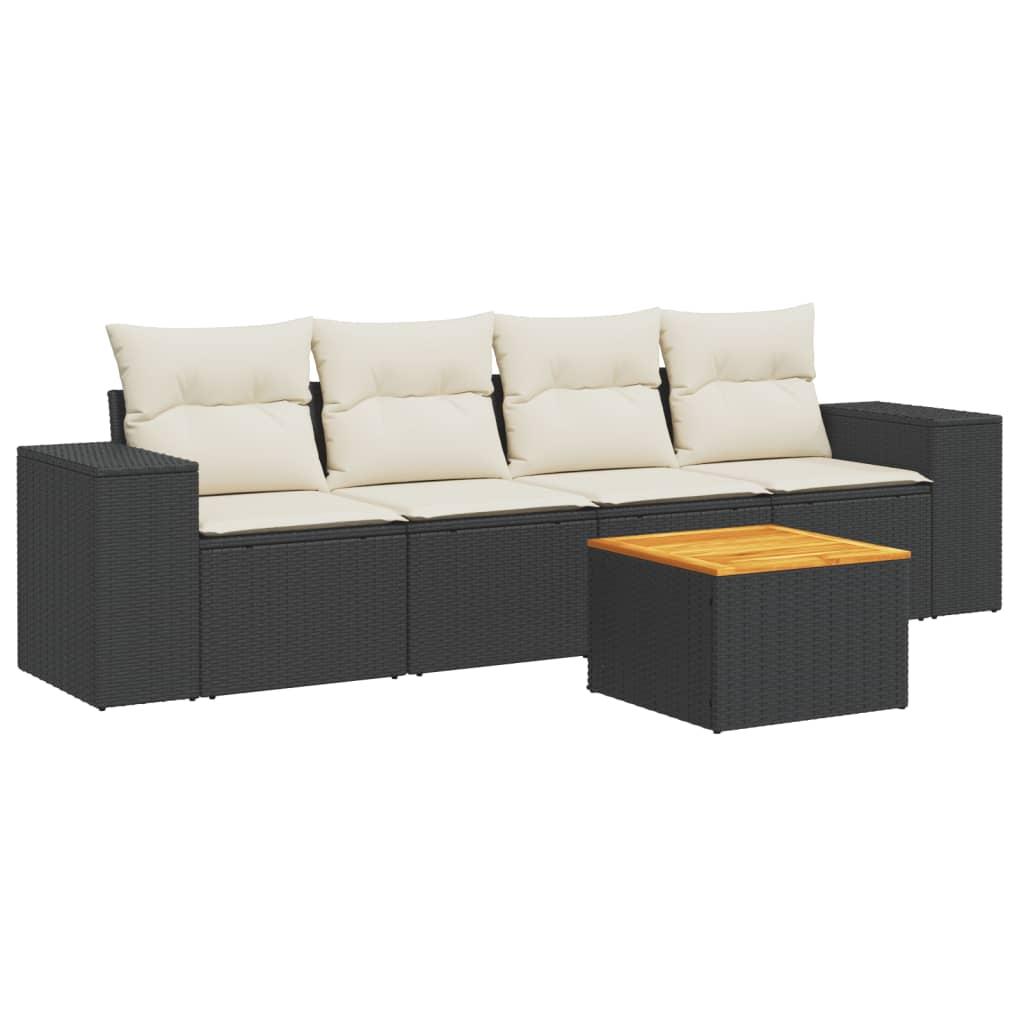 5 Piece Garden Sofa Set with Cushions Black Poly Rattan
