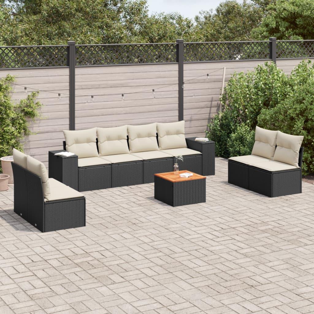 9 Piece Garden Sofa Set with Cushions Black Poly Rattan