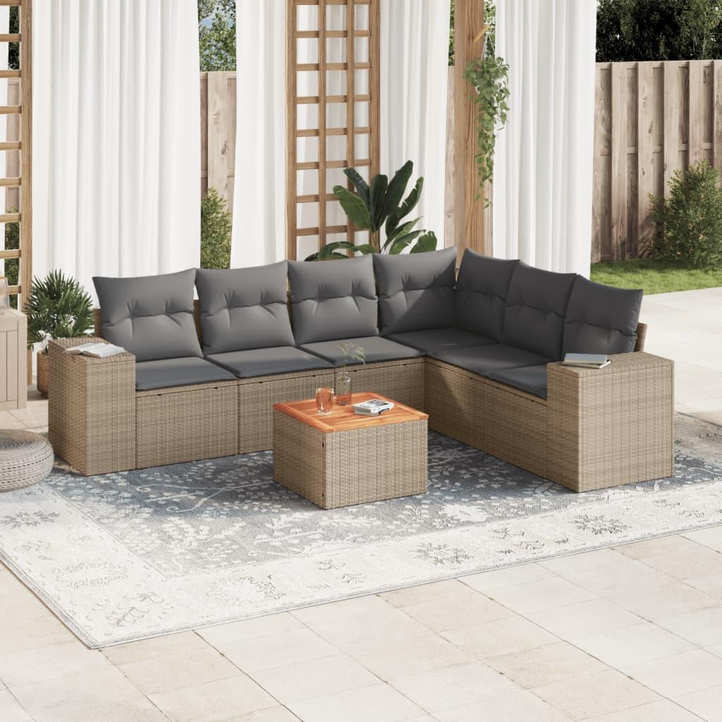 7 Piece Garden Sofa Set with Cushions Beige Poly Rattan