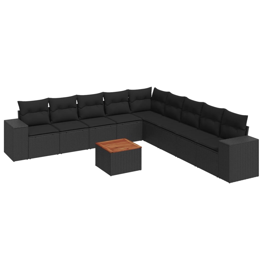 10 Piece Garden Sofa Set with Cushions Black Poly Rattan