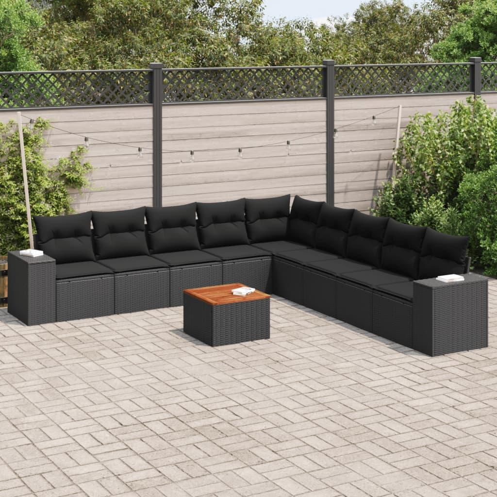 10 Piece Garden Sofa Set with Cushions Black Poly Rattan