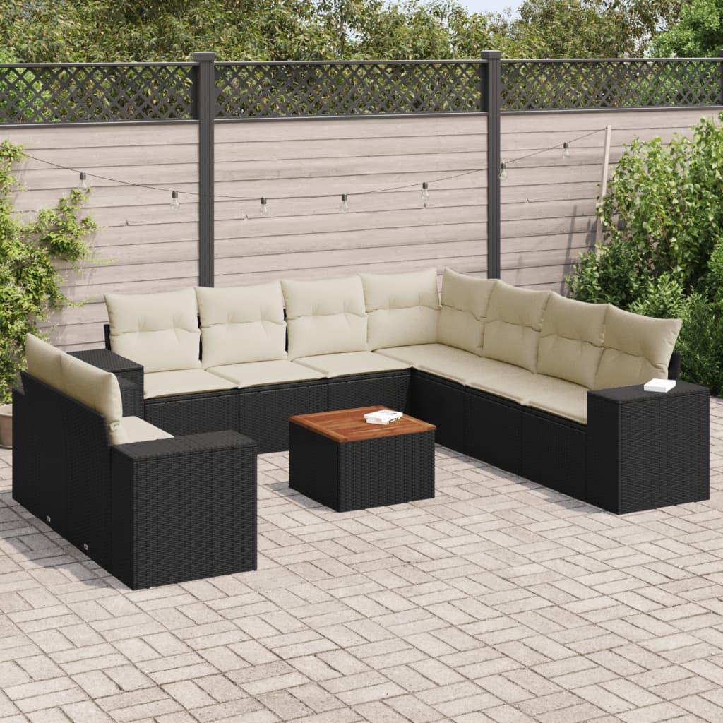 10 Piece Garden Sofa Set with Cushions Black Poly Rattan