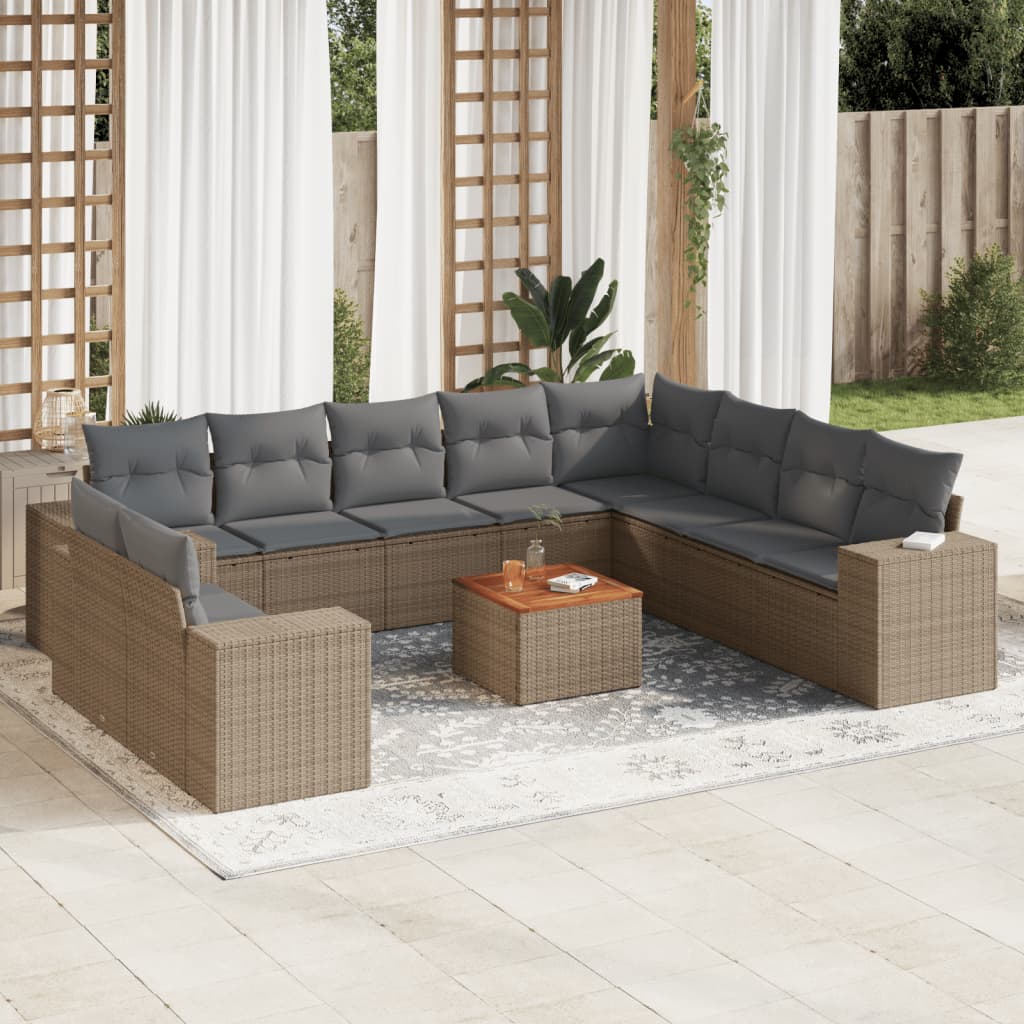 11 Piece Garden Sofa Set with Cushions Beige Poly Rattan