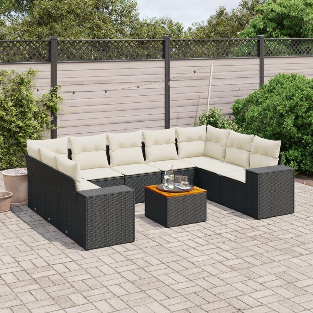 10 Piece Garden Sofa Set with Cushions Black Poly Rattan