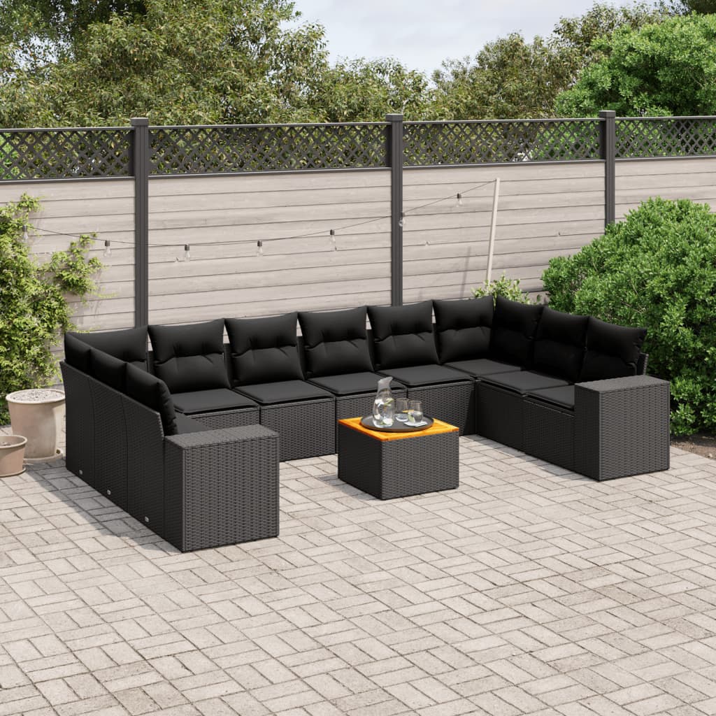 11 Piece Garden Sofa Set with Cushions Black Poly Rattan