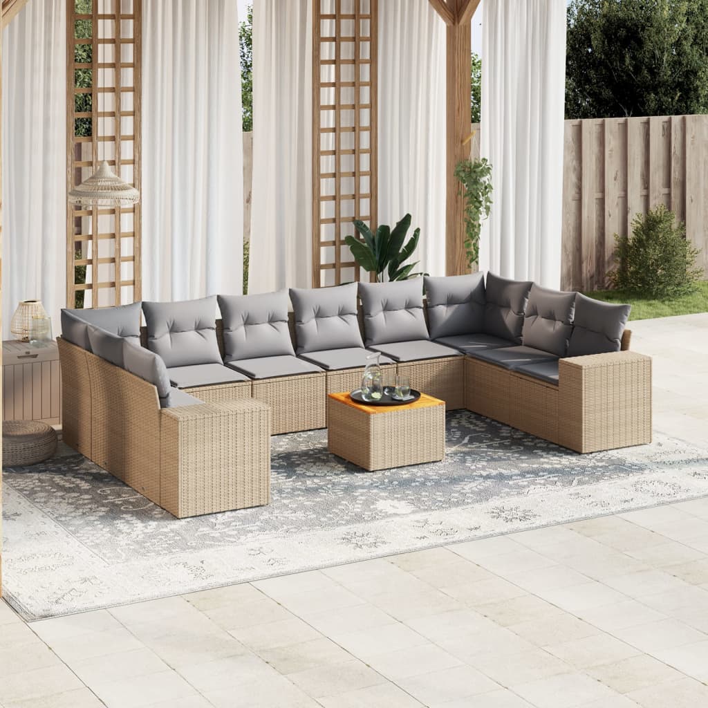 11 Piece Garden Sofa Set with Cushions Beige Poly Rattan