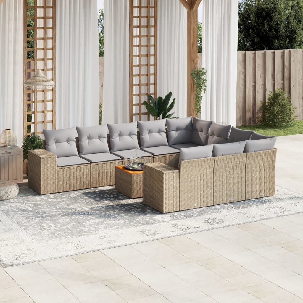 11 Piece Garden Sofa Set with Cushions Beige Poly Rattan