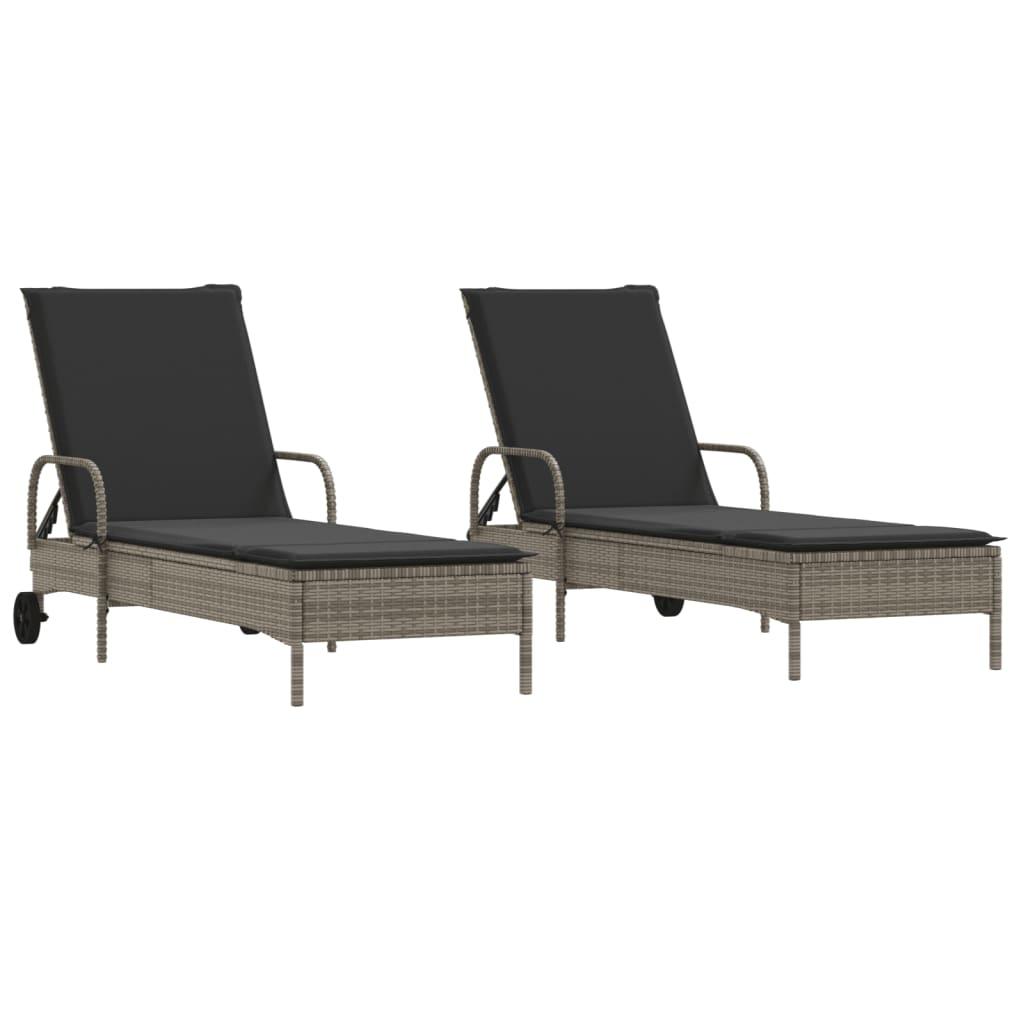 Sun Loungers with Cushions 2 pcs Grey Poly Rattan
