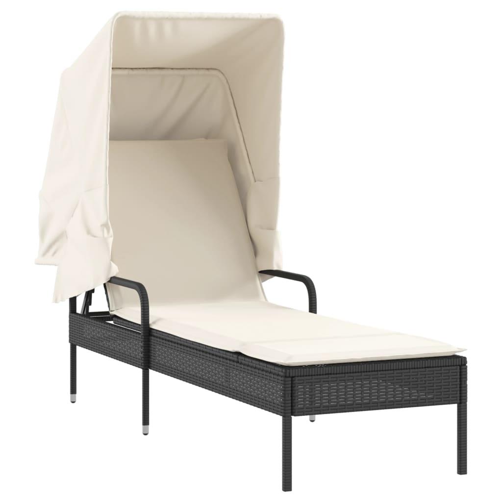 Sun Loungers 2 pcs with Canopies and Table Black Poly Rattan