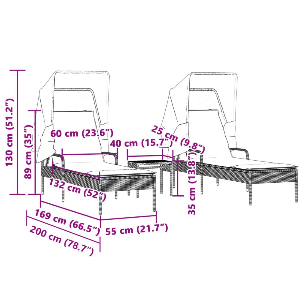 Sun Loungers 2 pcs with Canopies and Table Black Poly Rattan