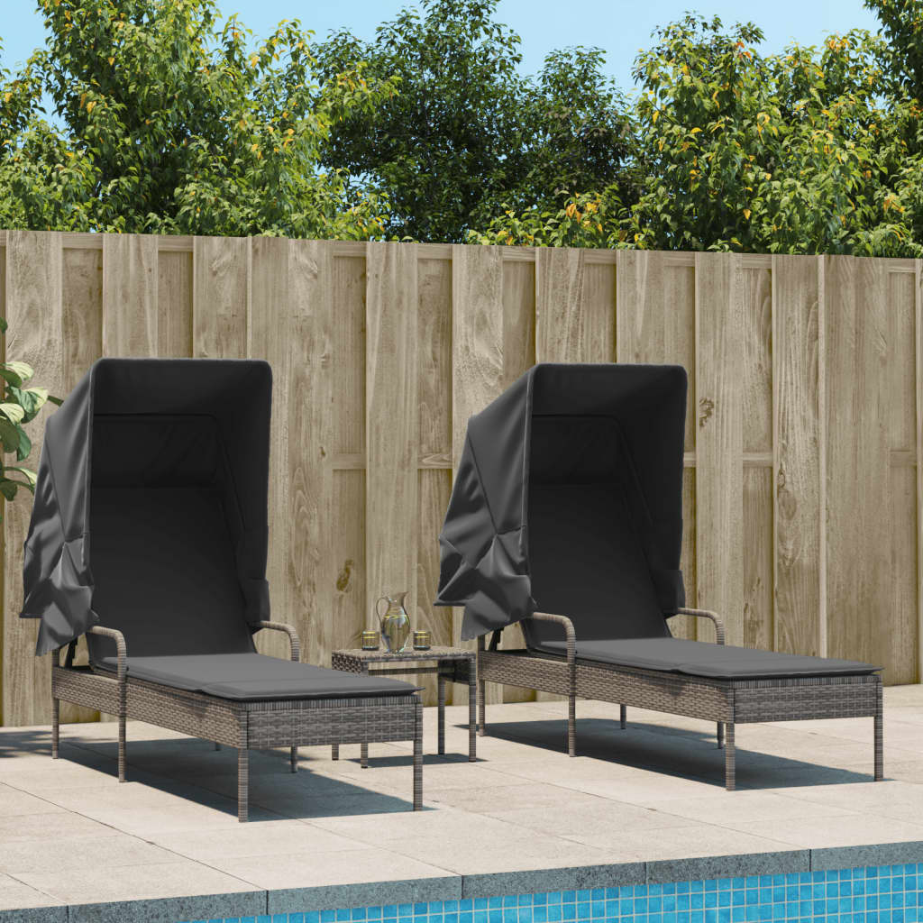 Sun Loungers 2 pcs with Canopies and Table Grey Poly Rattan