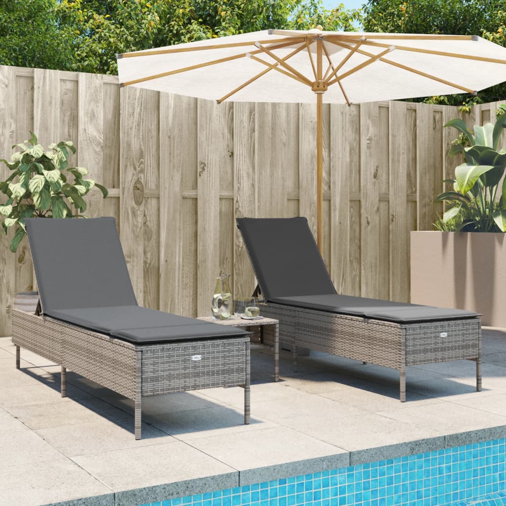 Sun Loungers with Cushions 2 pcs Grey Poly Rattan