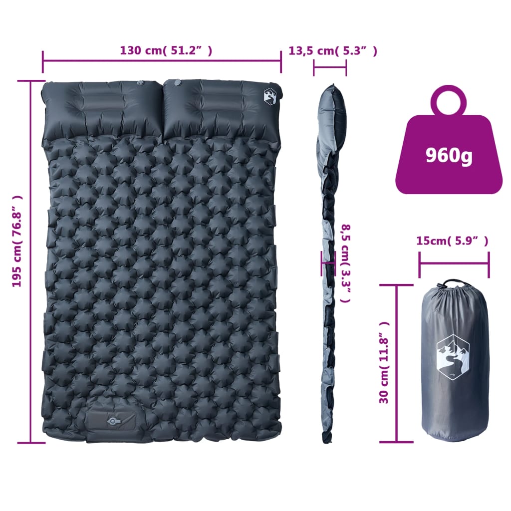 Self Inflating Camping Mattress with Pillows 2-Person Grey