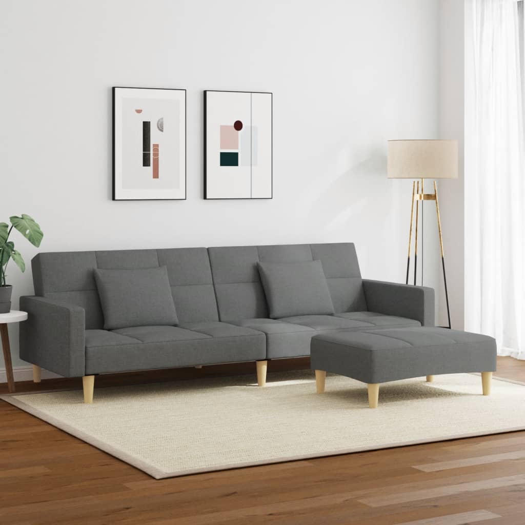 2-Seater Sofa Bed with Footstool Dark Grey Fabric