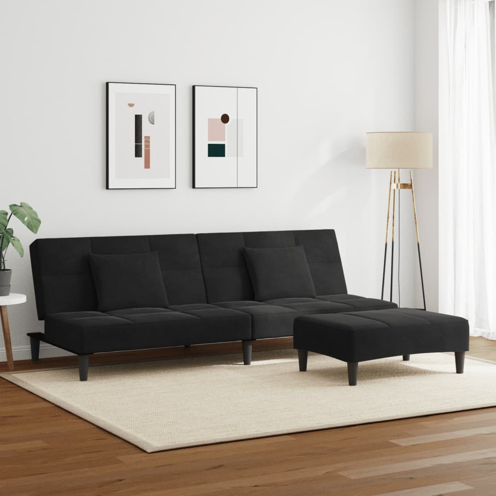 2-Seater Sofa Bed with Footstool Black Velvet