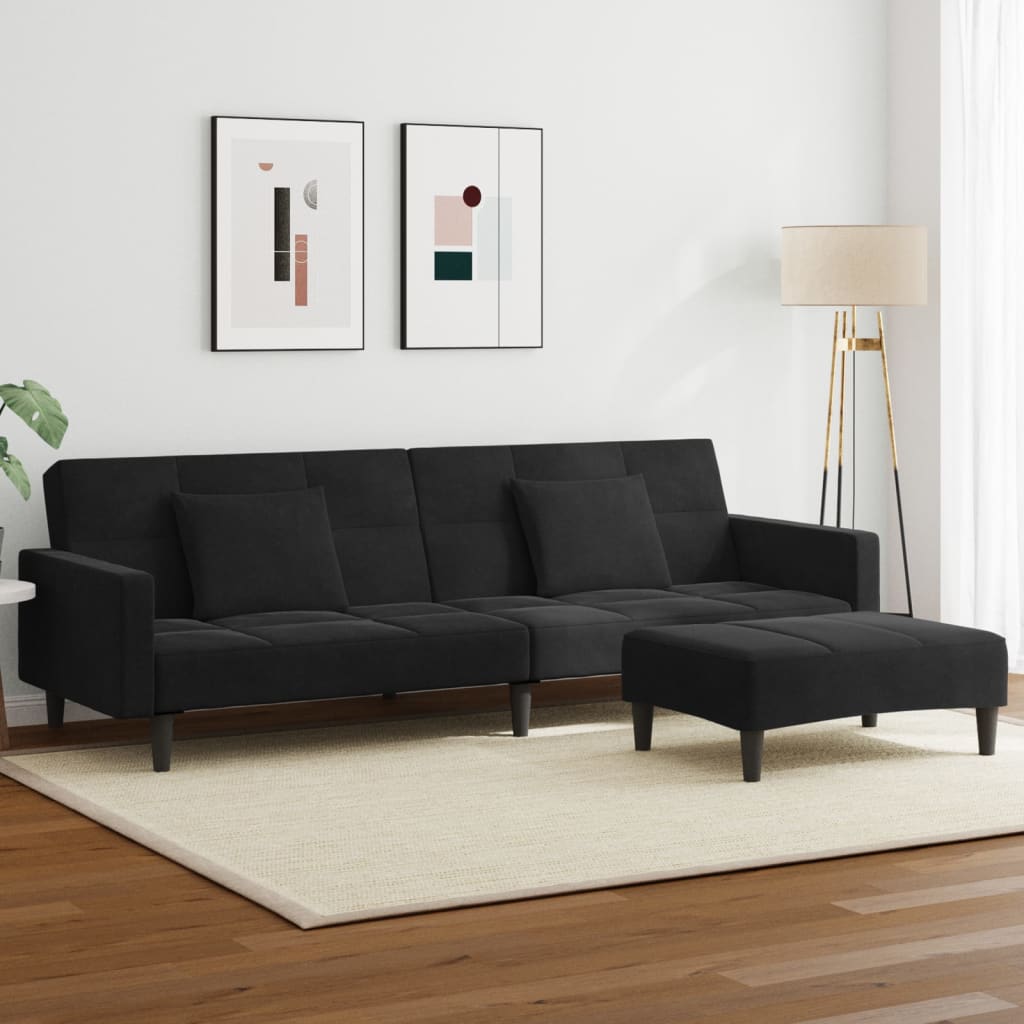 2-Seater Sofa Bed with Footstool Black Velvet