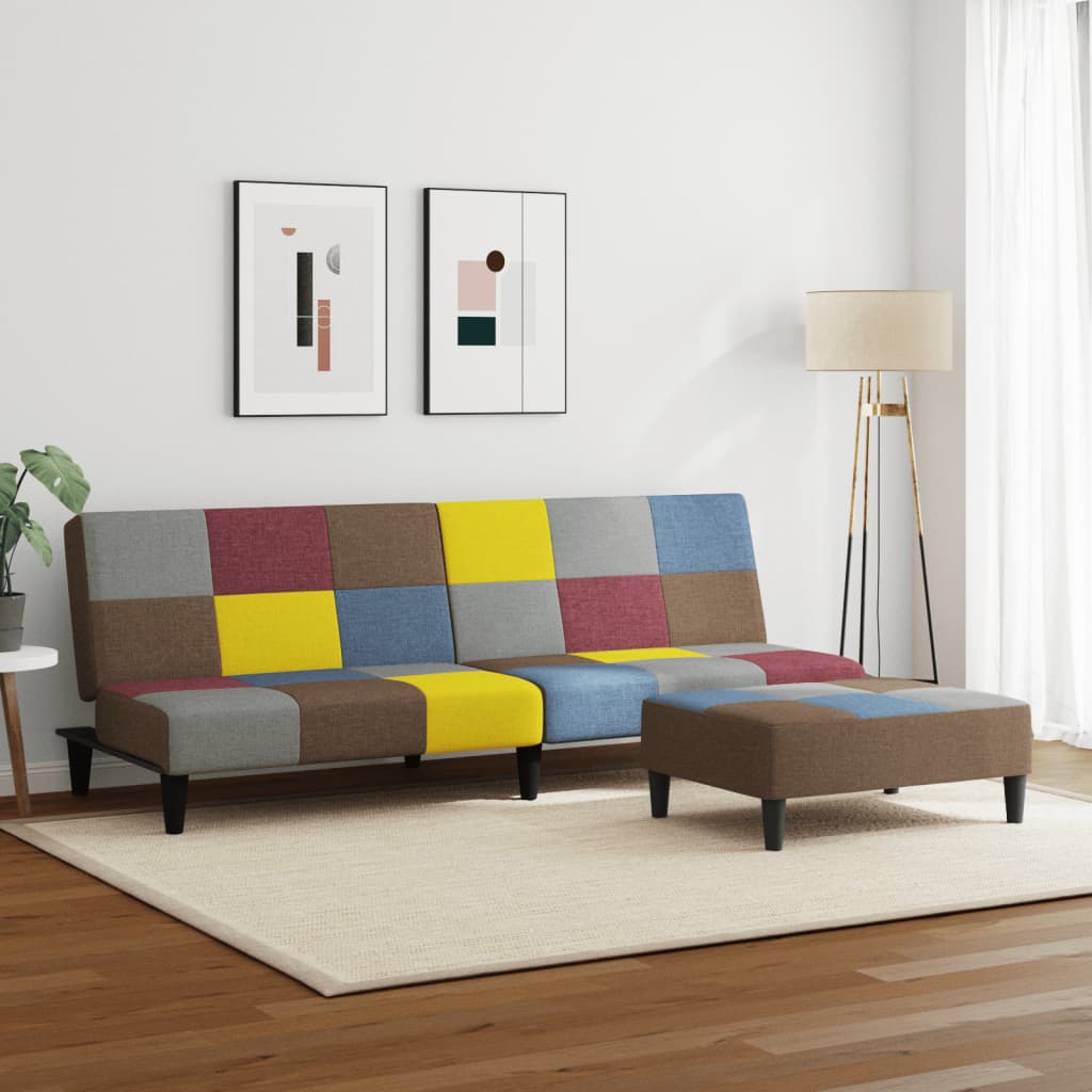 2-Seater Sofa Bed with Footstool Patchwork Fabric