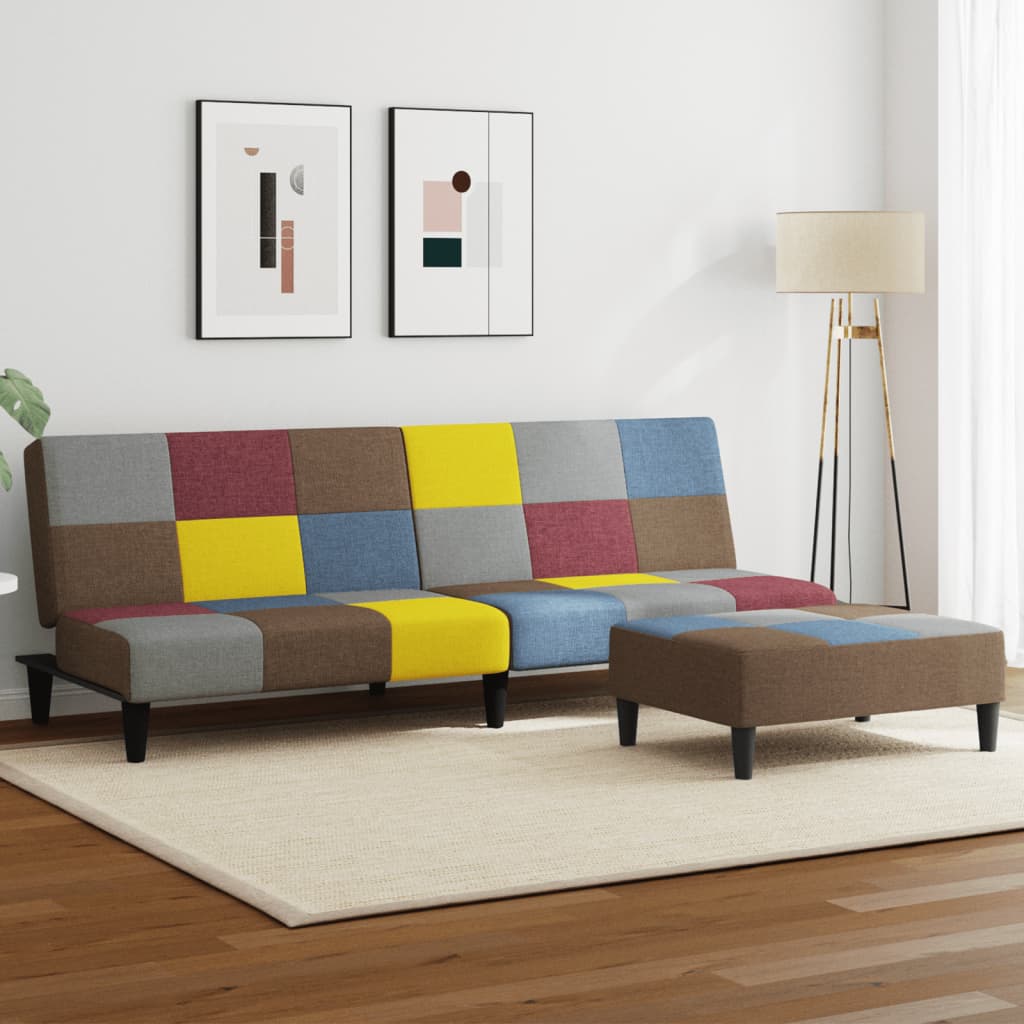 2-Seater Sofa Bed with Footstool Patchwork Fabric