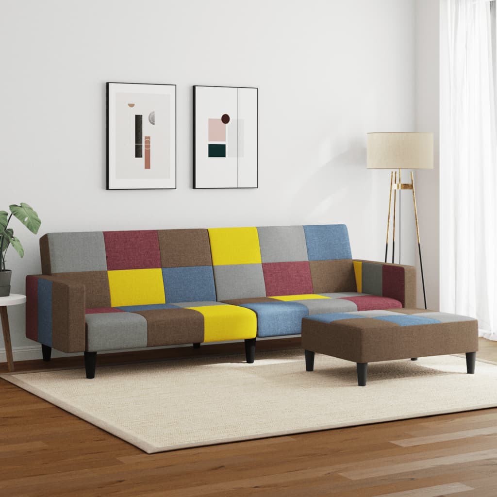 2-Seater Sofa Bed with Footstool Patchwork Fabric