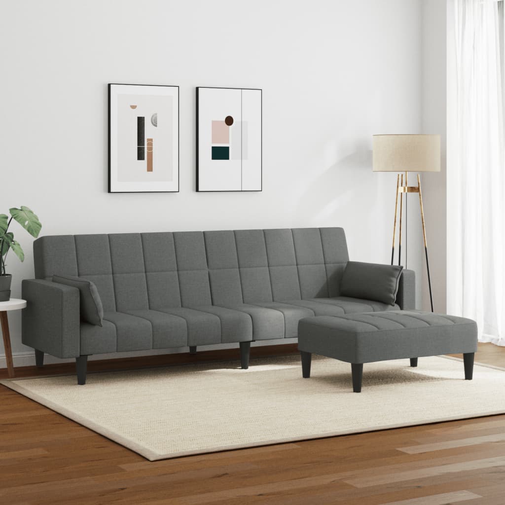 2-Seater Sofa Bed with Footstool Dark Grey Fabric