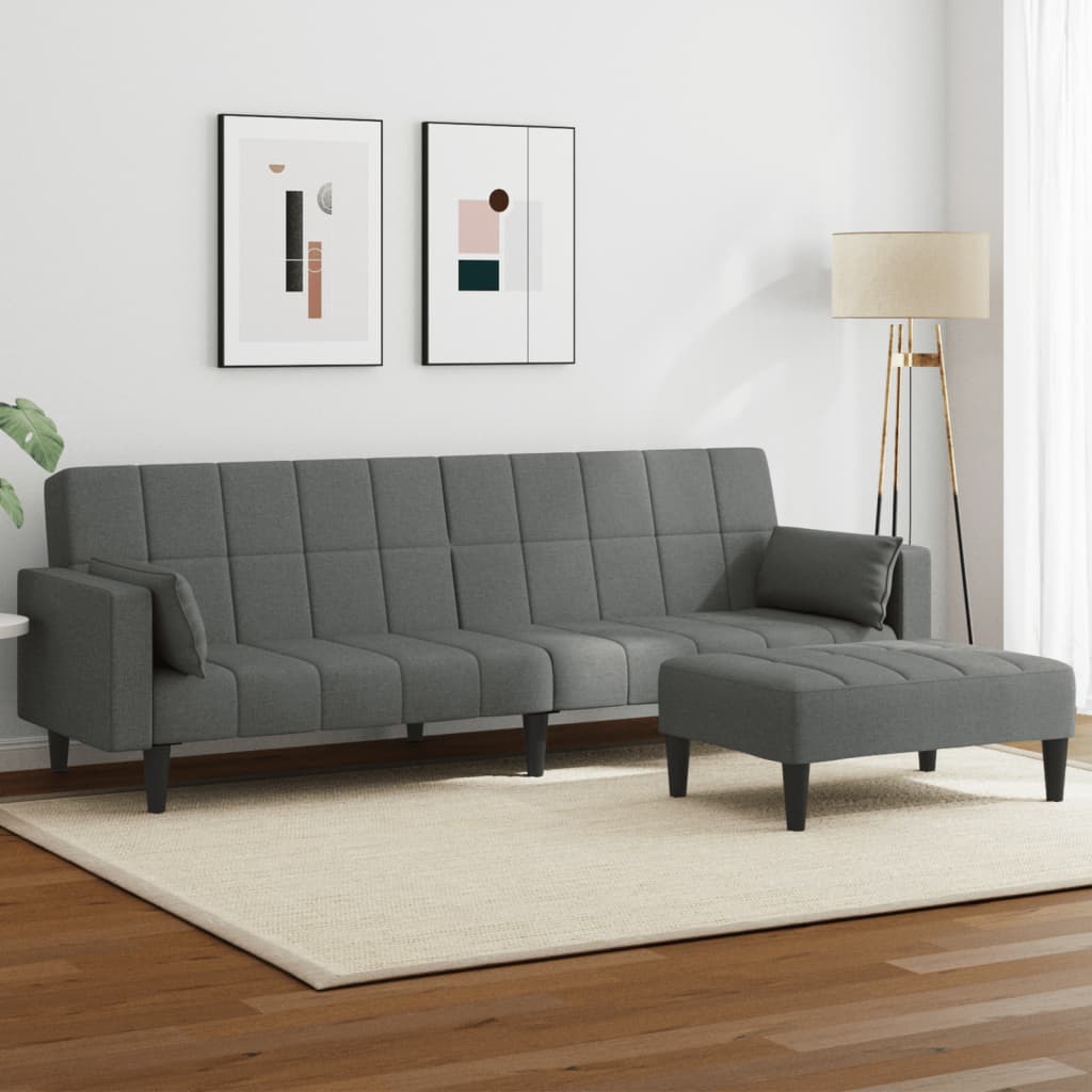 2-Seater Sofa Bed with Footstool Dark Grey Fabric