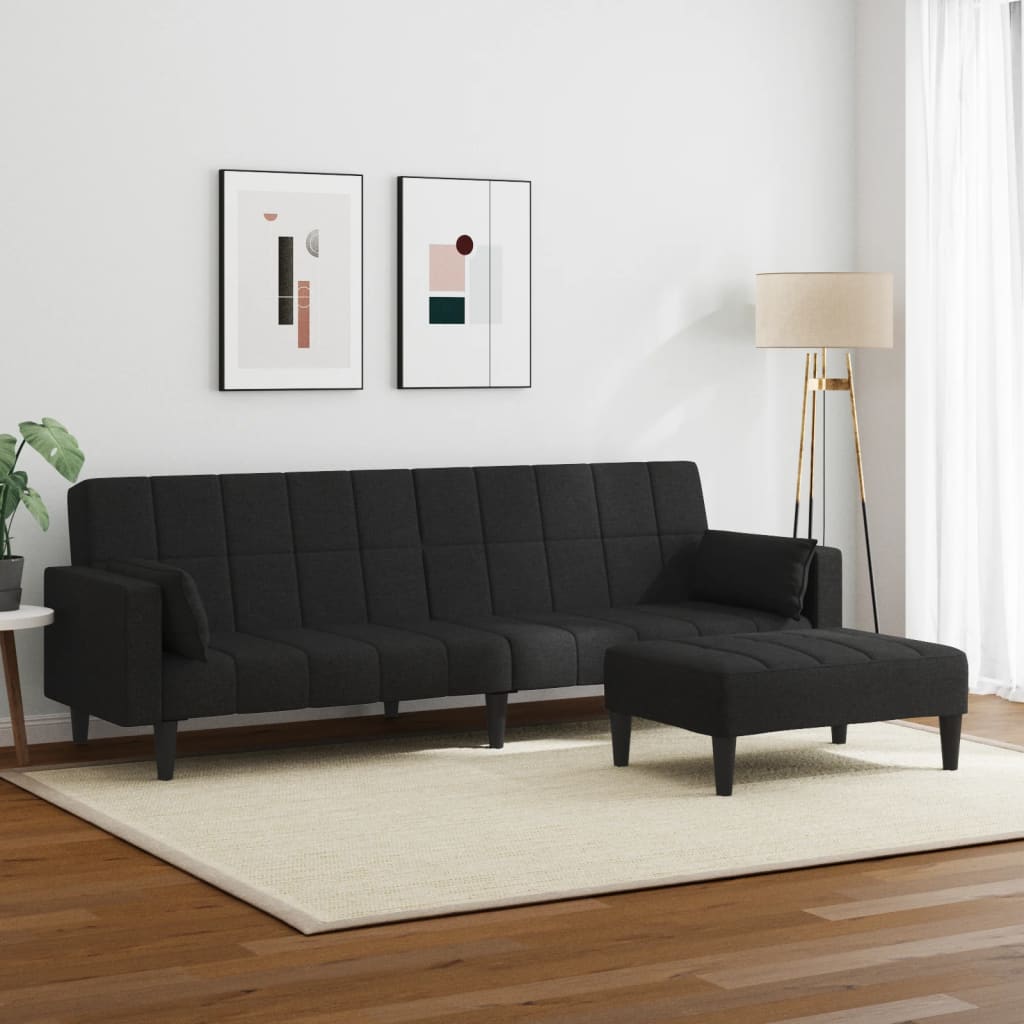 2-Seater Sofa Bed with Footstool Black Fabric