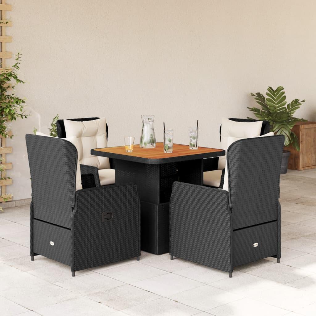 5 Piece Garden Dining Set with Cushions Black Poly Rattan