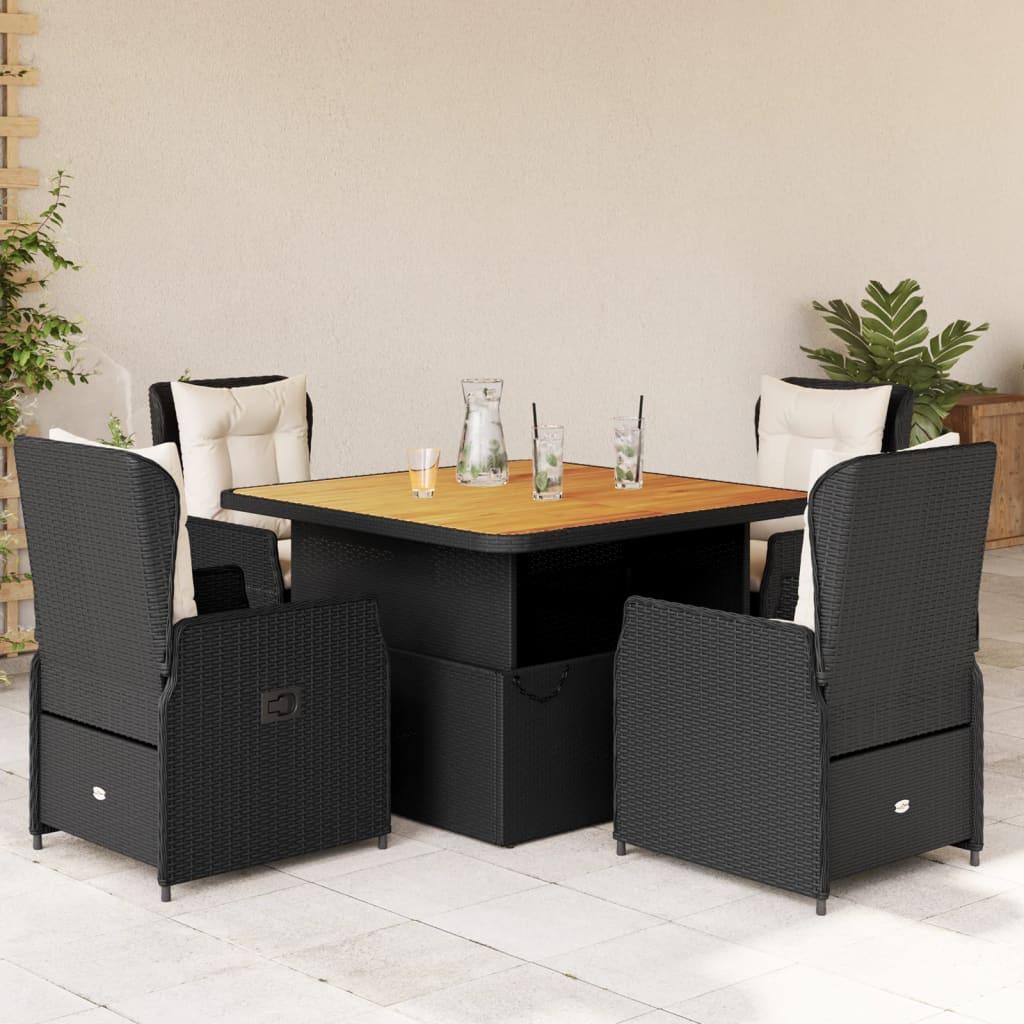 5 Piece Garden Dining Set with Cushions Black Poly Rattan