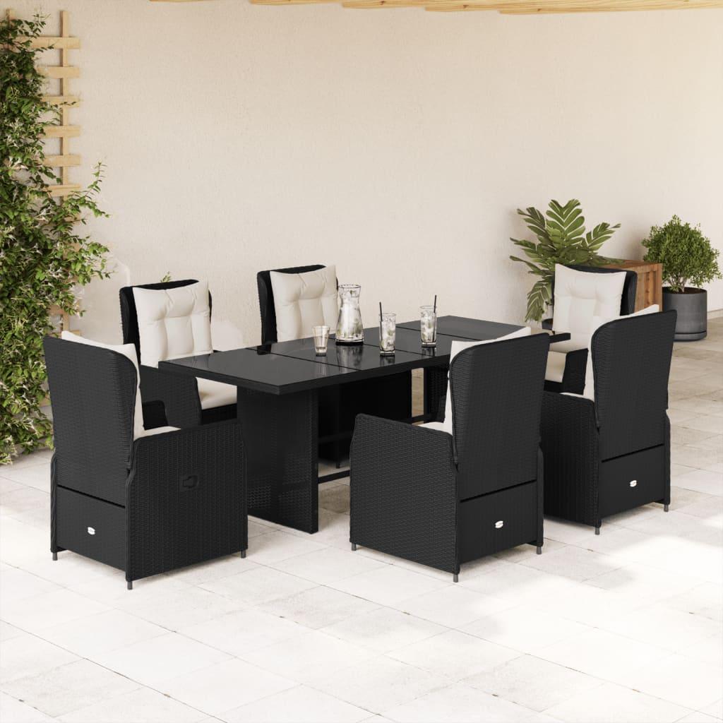 7 Piece Garden Dining Set with Cushions Black Poly Rattan