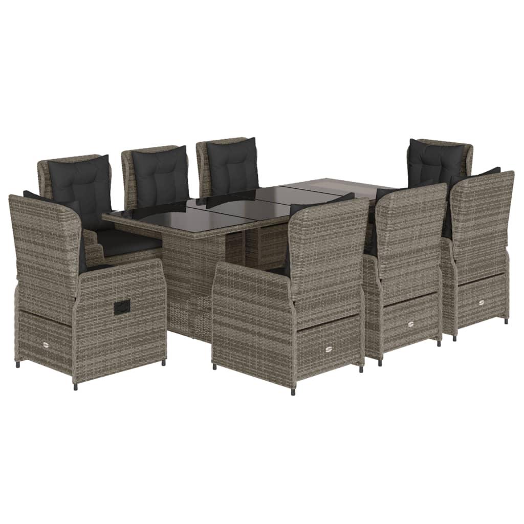 9 Piece Garden Dining Set with Cushions Grey Poly Rattan