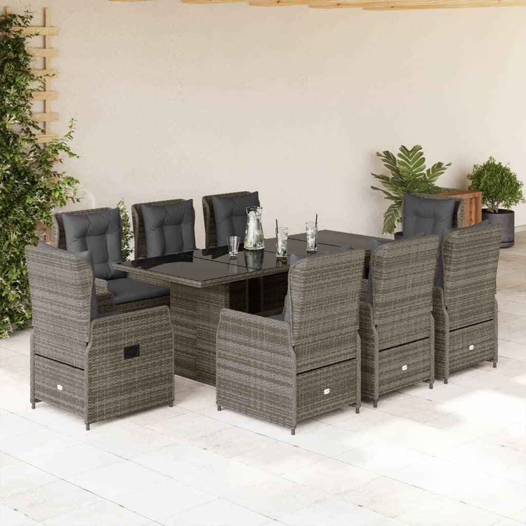 9 Piece Garden Dining Set with Cushions Grey Poly Rattan