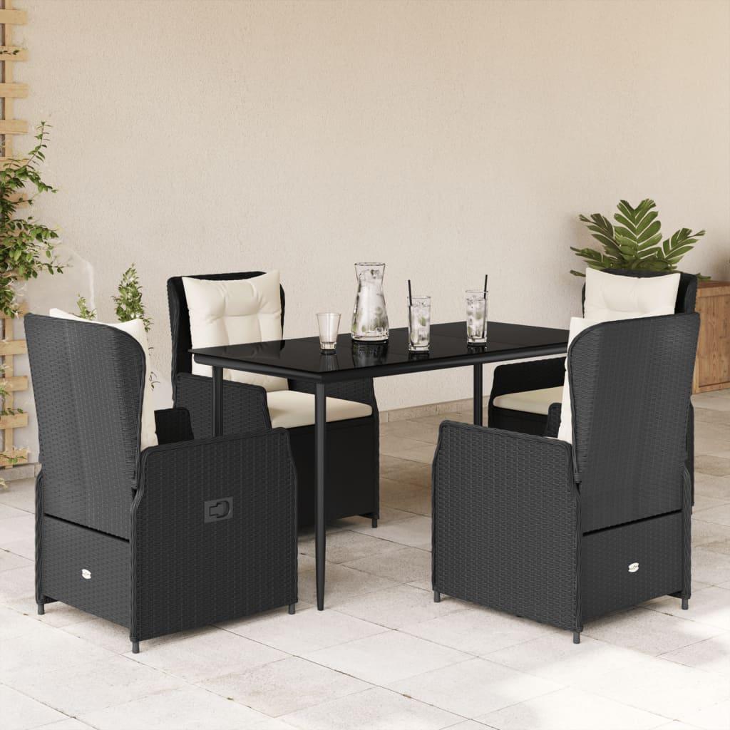 5 Piece Garden Dining Set with Cushions Black Poly Rattan