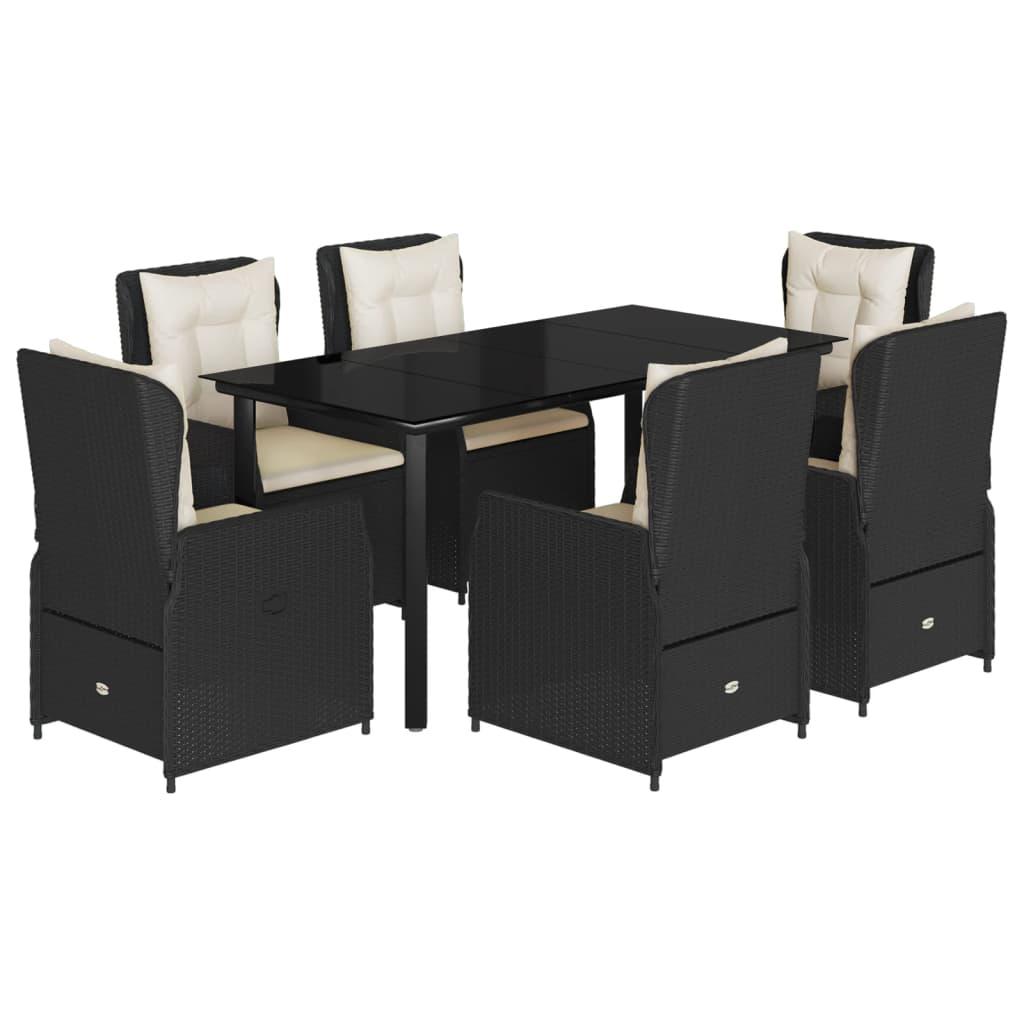 7 Piece Garden Dining Set with Cushions Black Poly Rattan