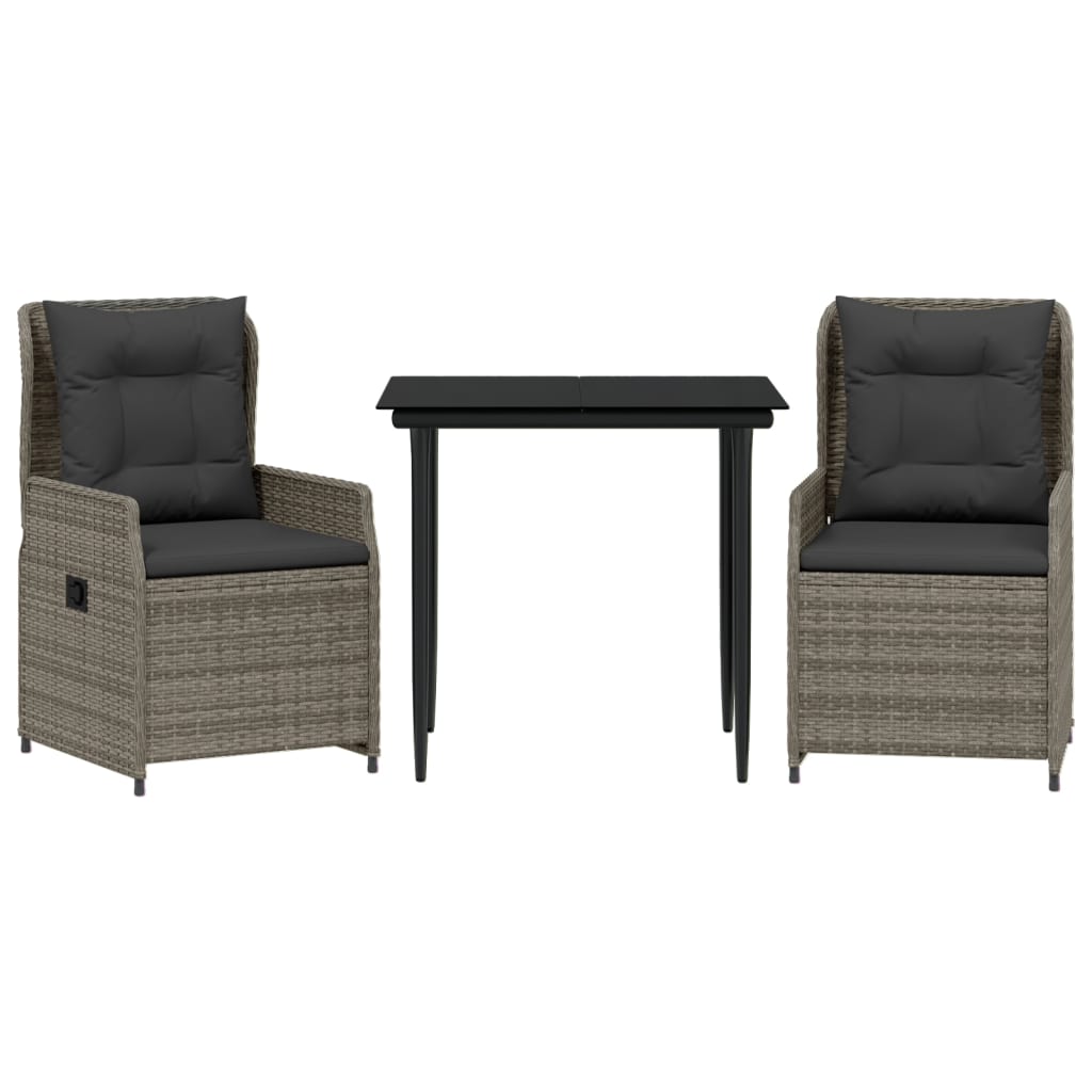 3 Piece Garden Dining Set with Cushions Grey Poly Rattan