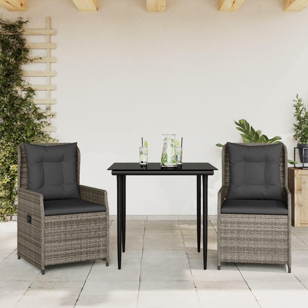 3 Piece Garden Dining Set with Cushions Grey Poly Rattan