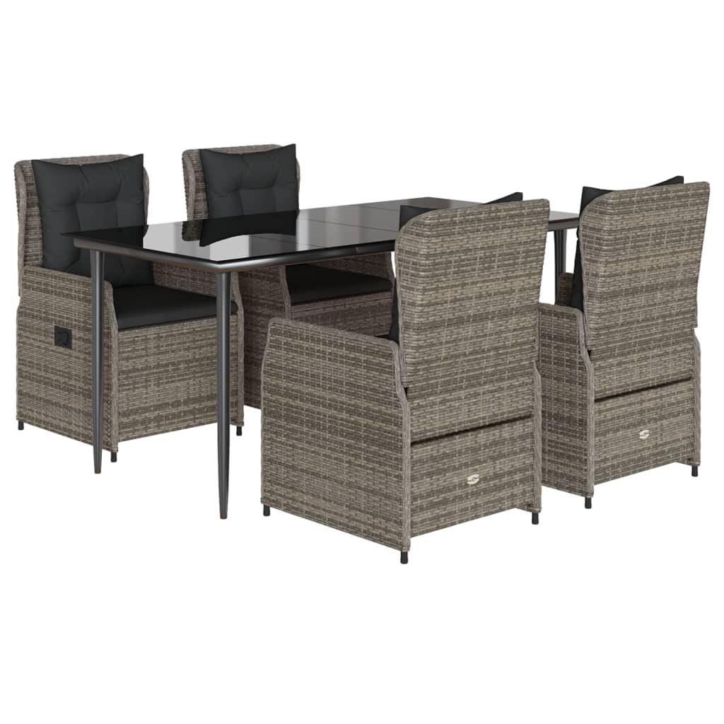 5 Piece Garden Dining Set with Cushions Grey Poly Rattan