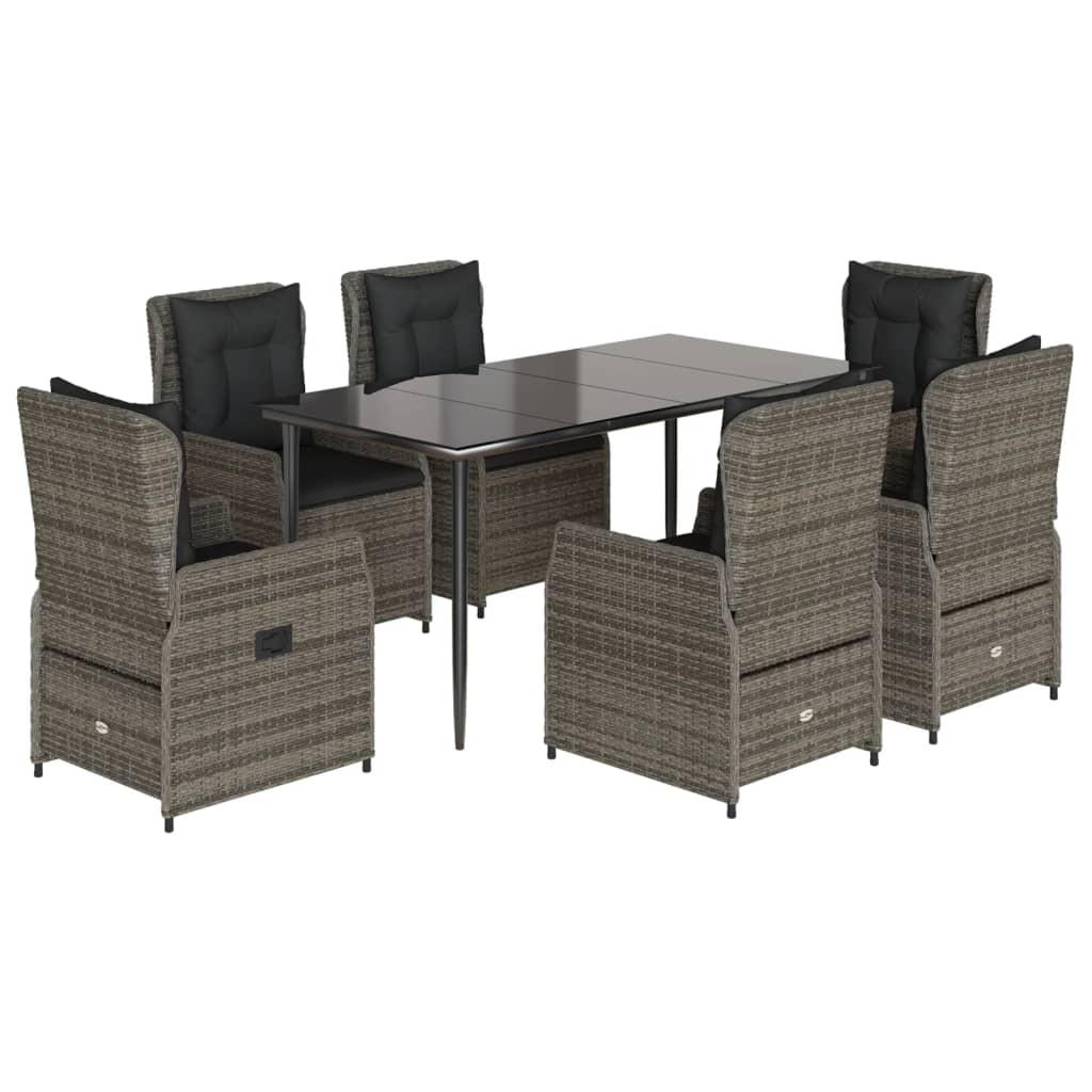 7 Piece Garden Dining Set with Cushions Grey Poly Rattan