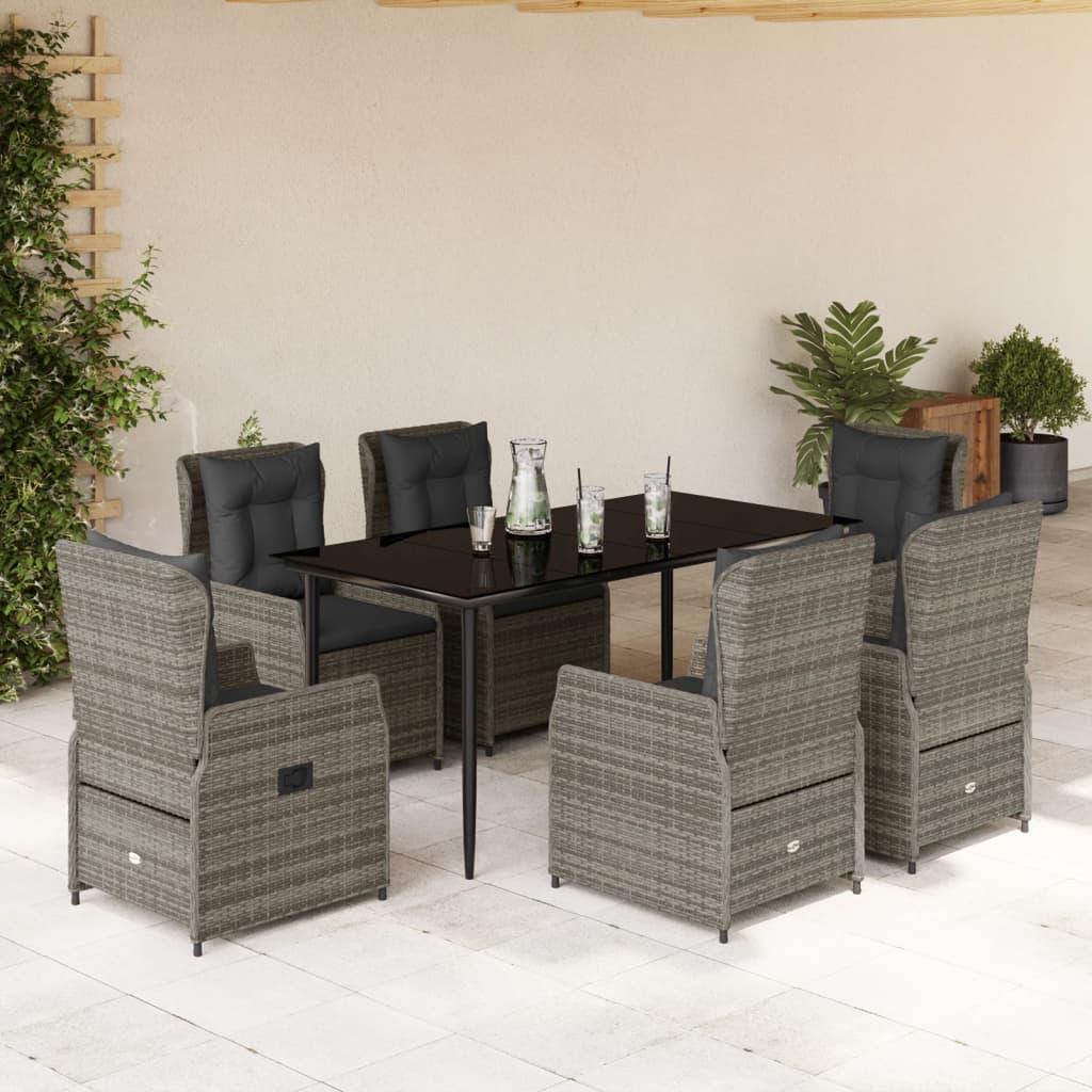 7 Piece Garden Dining Set with Cushions Grey Poly Rattan