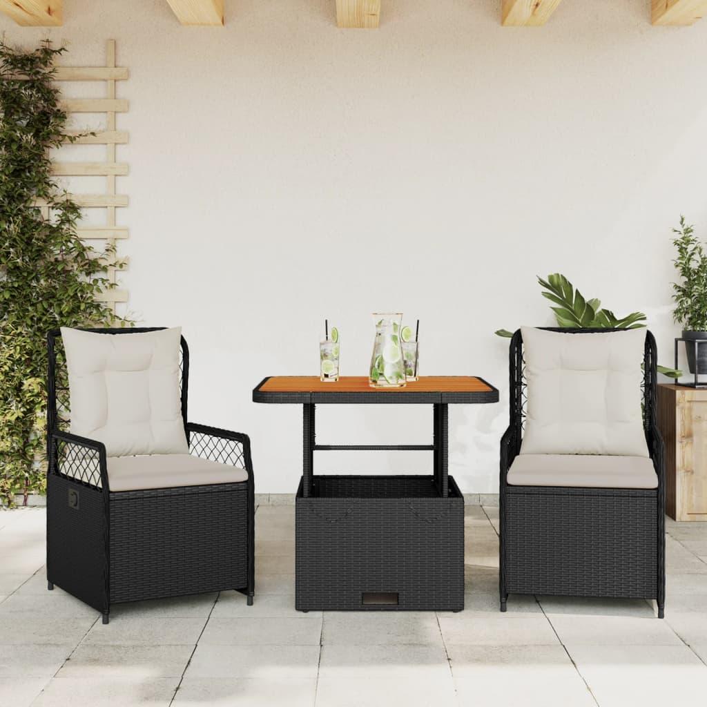 3 Piece Garden Dining Set with Cushions Black Poly Rattan