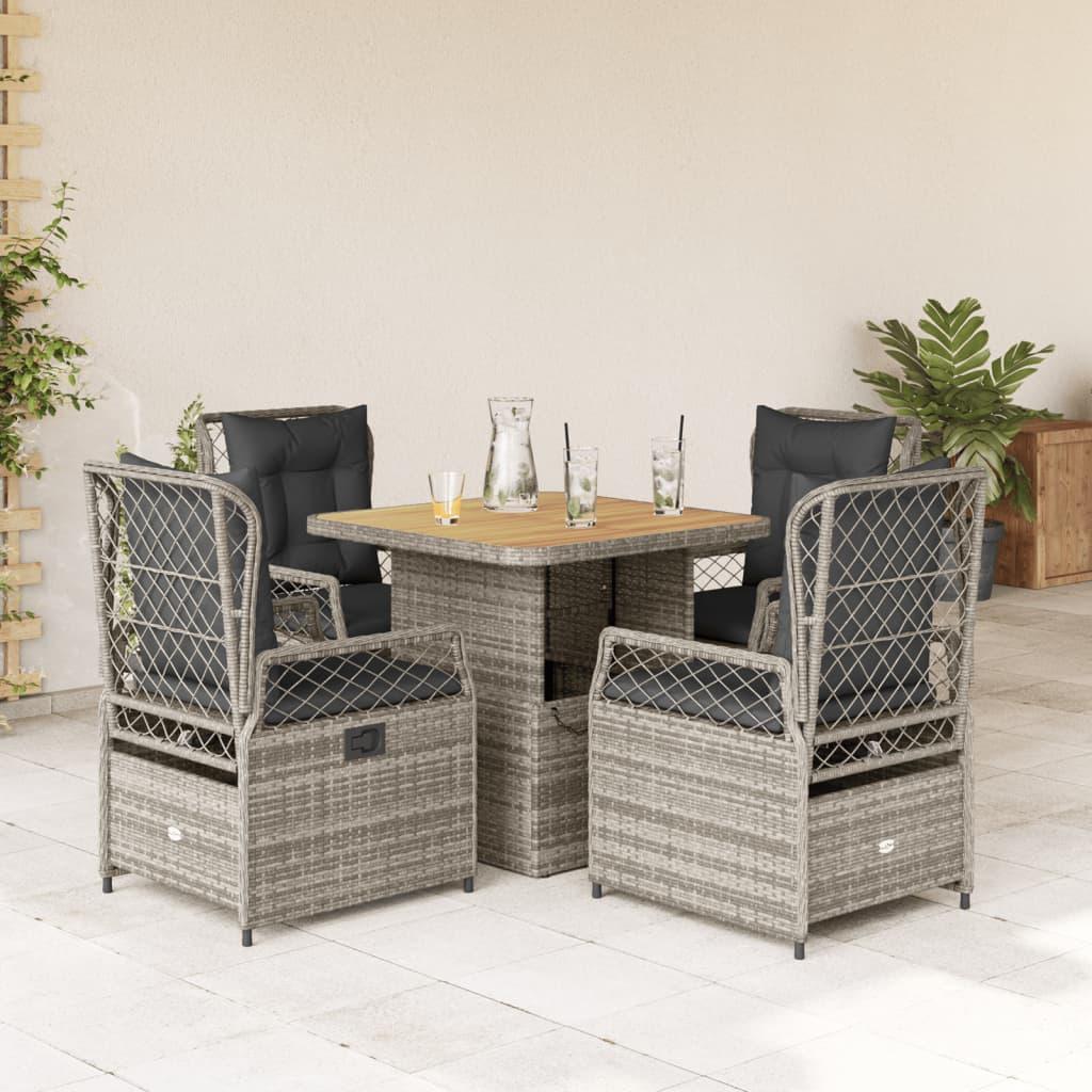 5 Piece Garden Dining Set with Cushions Grey Poly Rattan