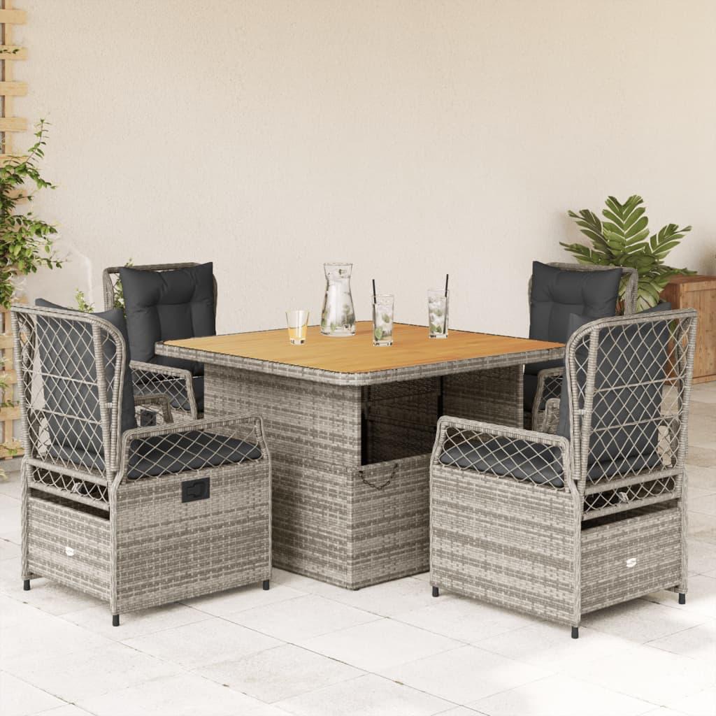5 Piece Garden Dining Set with Cushions Grey Poly Rattan