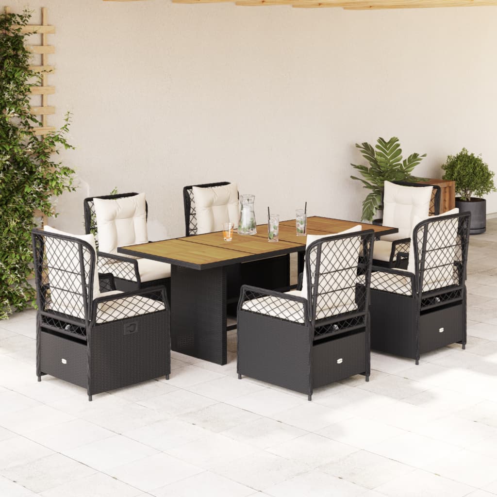 7 Piece Garden Dining Set with Cushions Black Poly Rattan