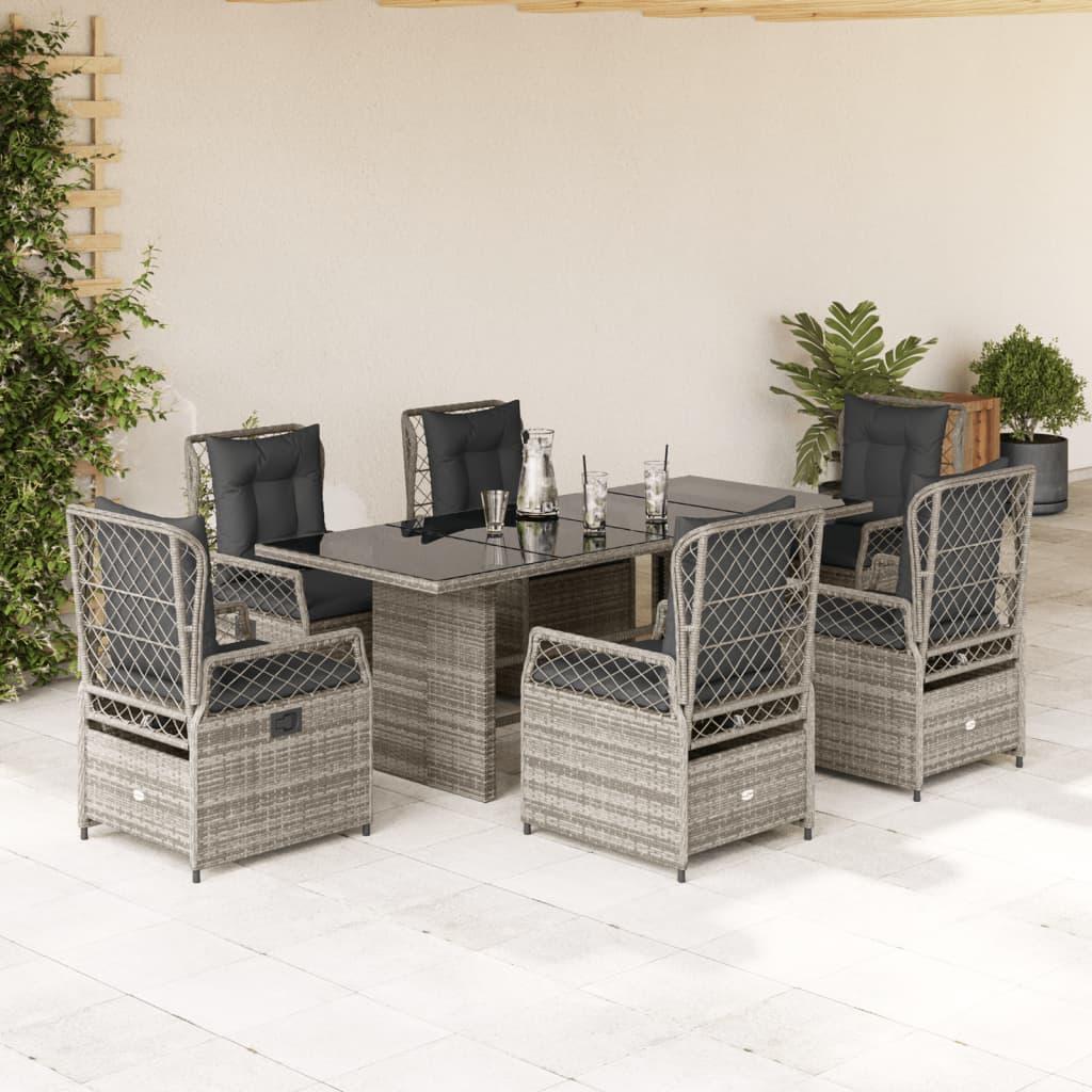 7 Piece Garden Dining Set with Cushions Grey Poly Rattan