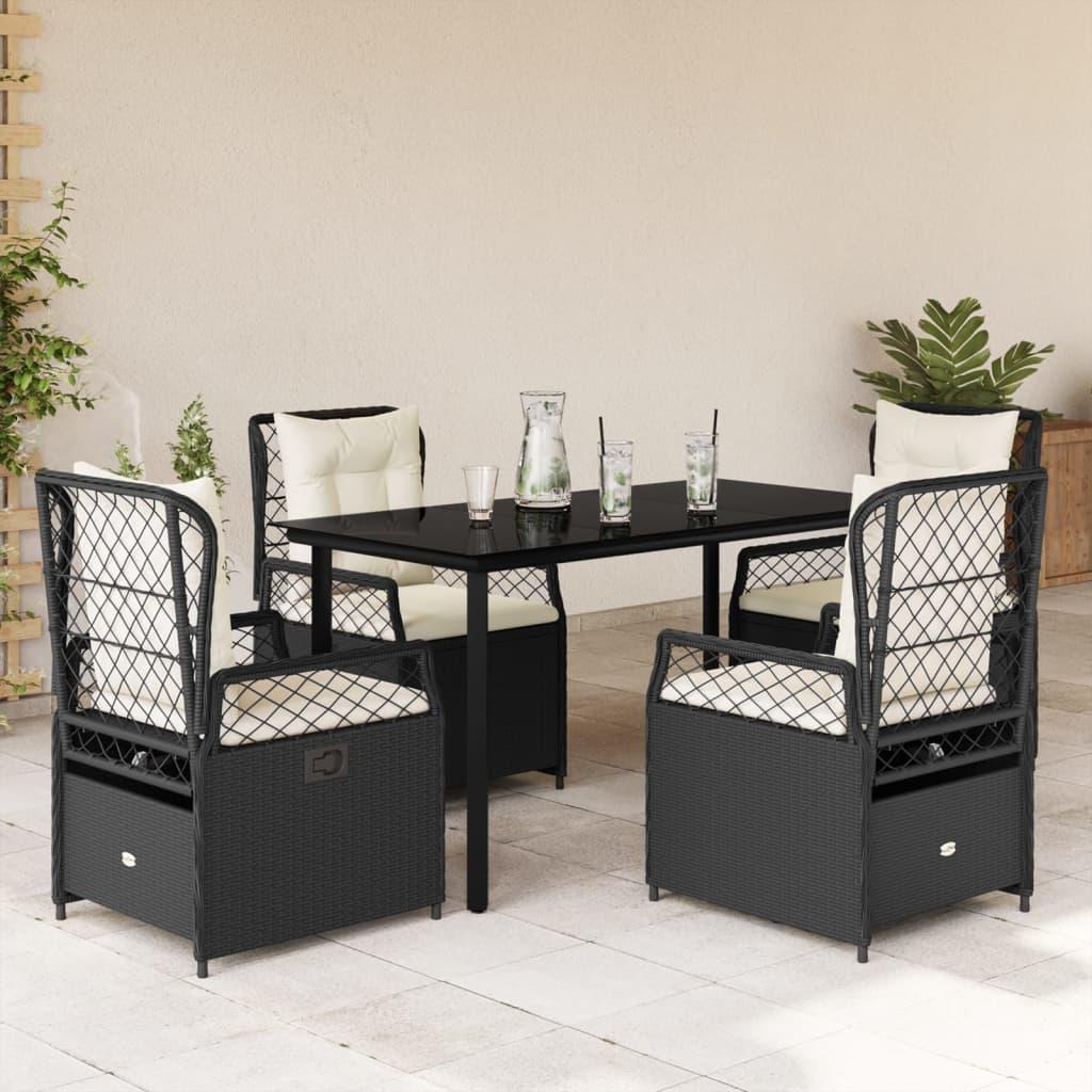 5 Piece Garden Dining Set with Cushions Black Poly Rattan