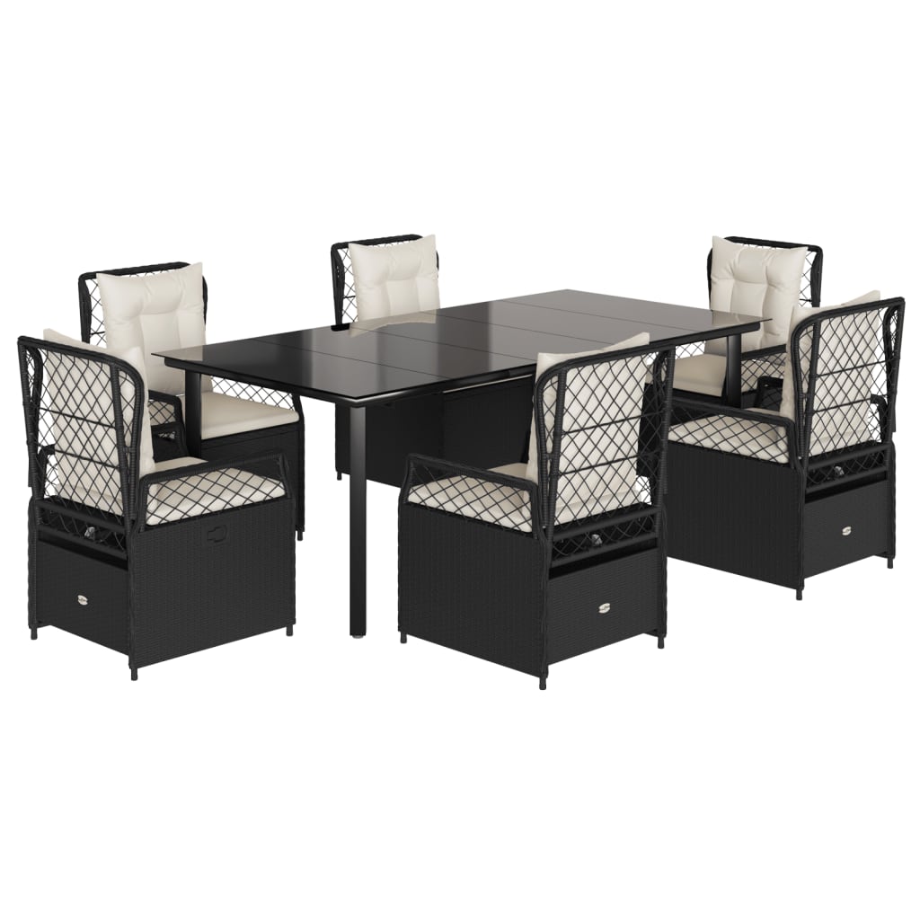 7 Piece Garden Dining Set with Cushions Black Poly Rattan
