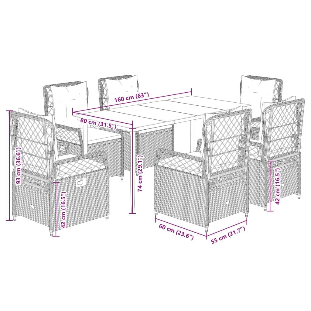 7 Piece Garden Dining Set with Cushions Grey Poly Rattan
