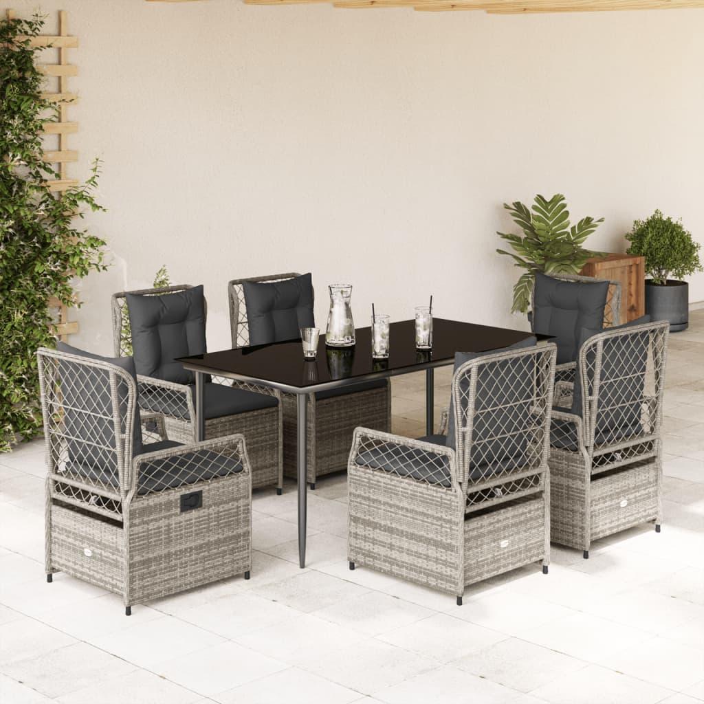 7 Piece Garden Dining Set with Cushions Grey Poly Rattan