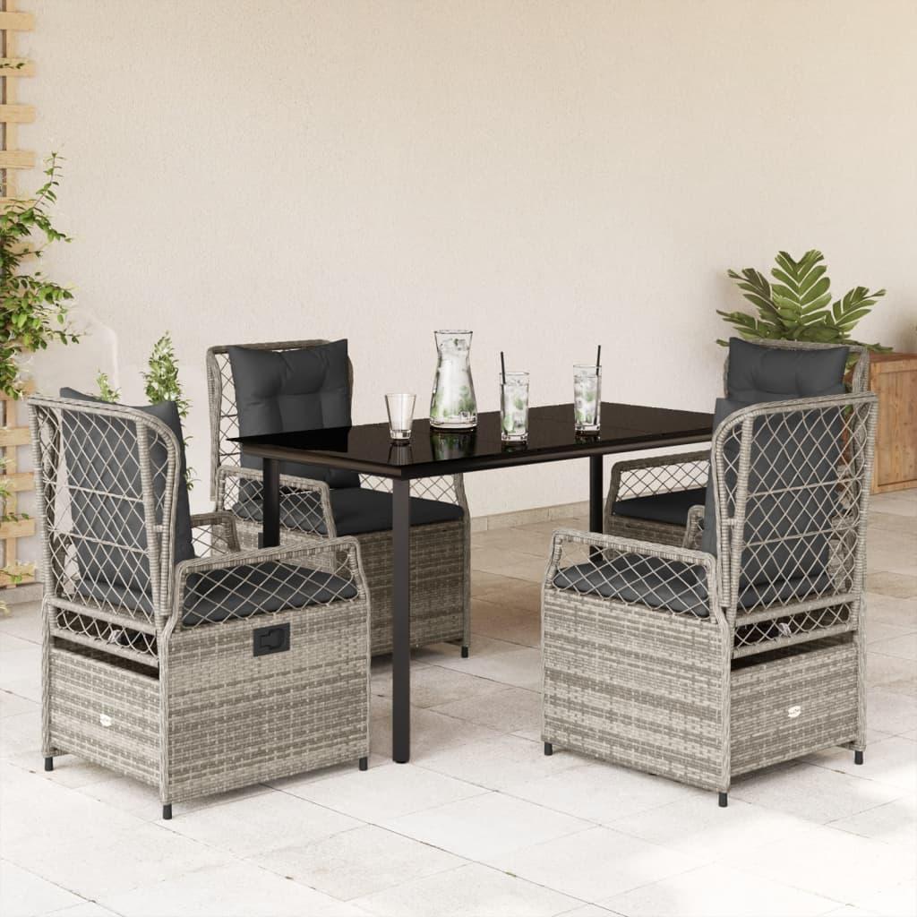 5 Piece Garden Dining Set with Cushions Grey Poly Rattan