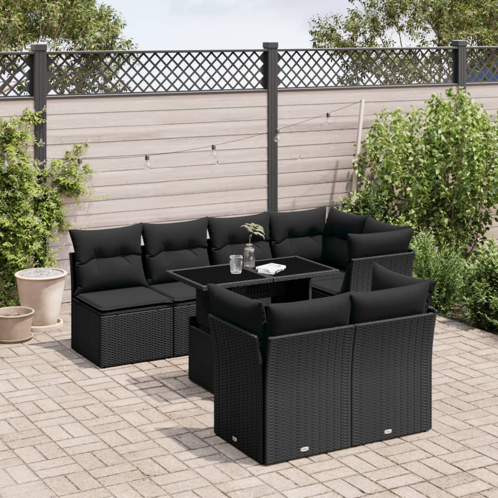 8 Piece Garden Sofa Set with Cushions Black Poly Rattan